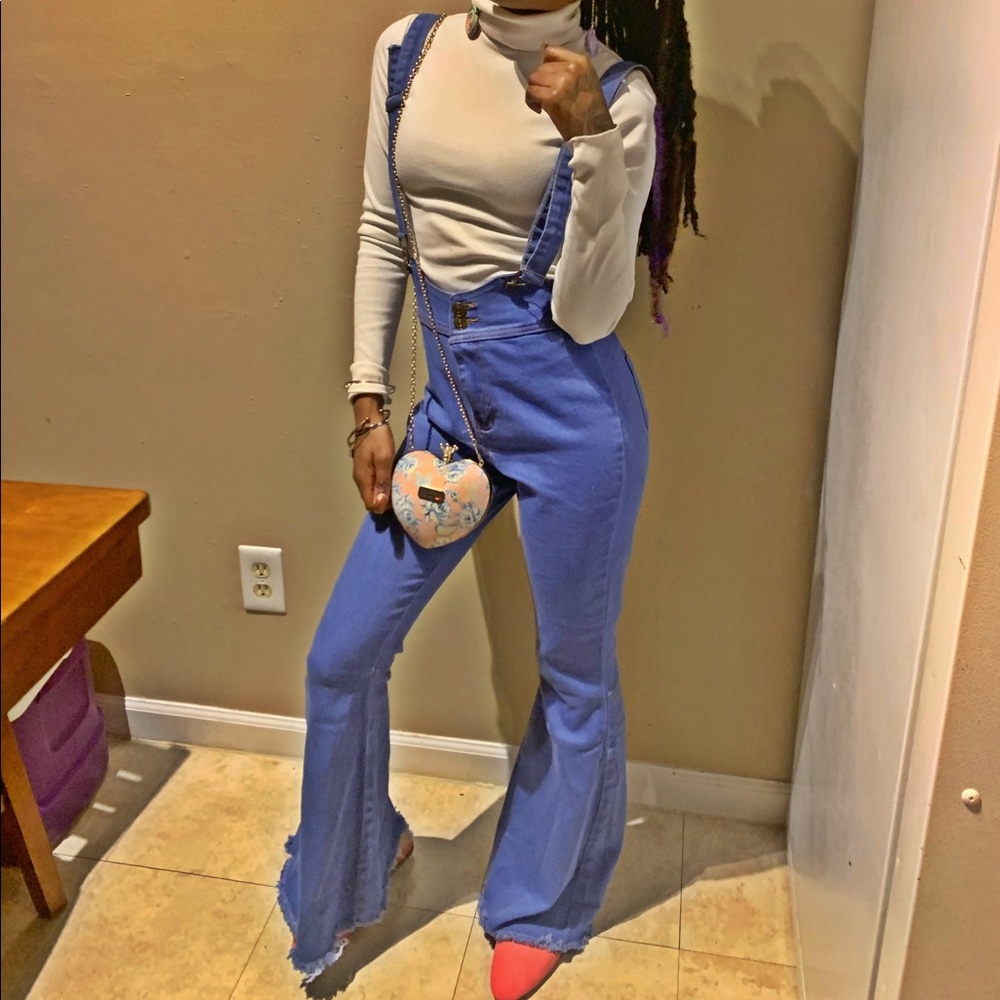 Wide leg jean overall with straps